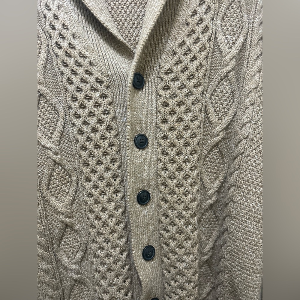 Gap Cardigan Sweater Cable Knit Chunky Mens M Camel Shawl Collar Grandpacore - Picture 4 of 8